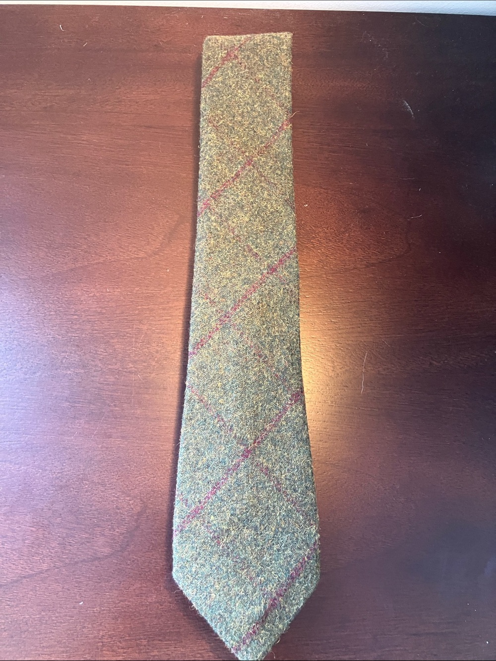 Wool Tweed Tie in Olive Green with Burgundy Windowpane custom made like new!